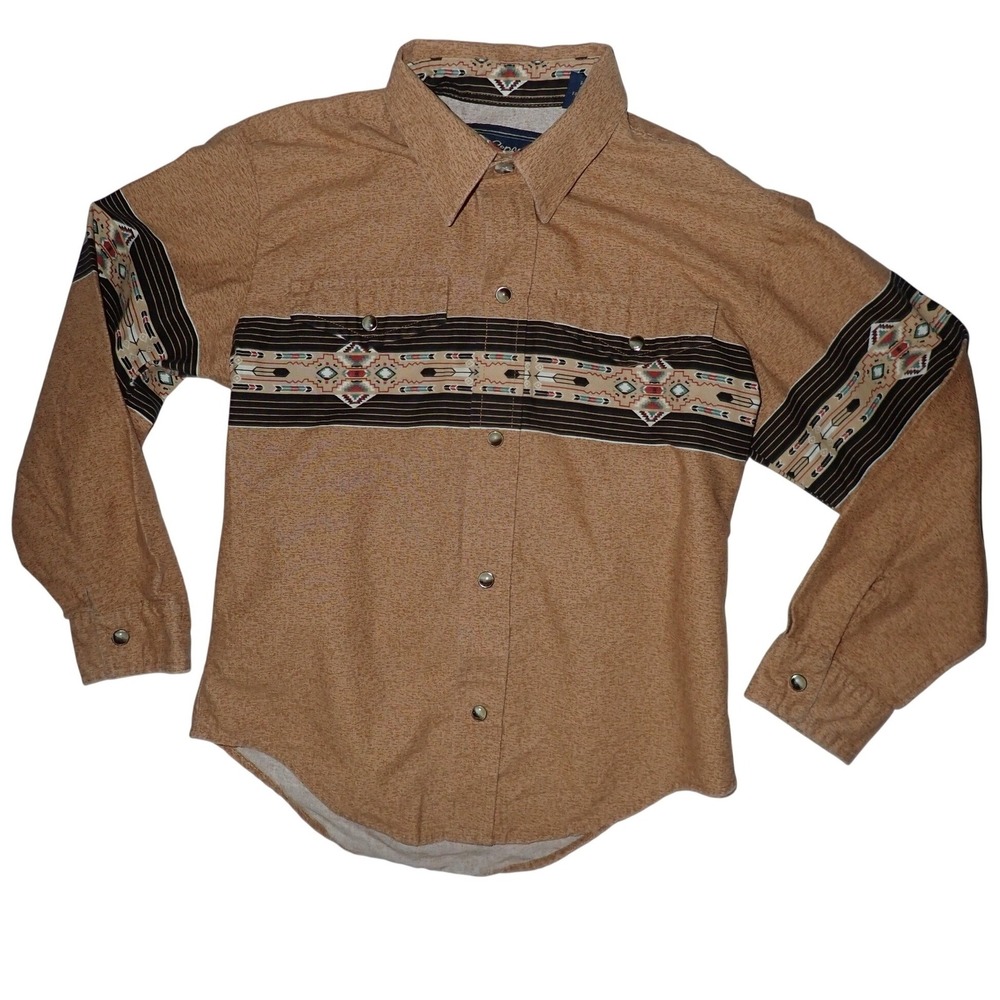 Roper Kids Aztec Western Pearl Snap Long Sleeve Shirt Tan Size 8 Rodeo Cowboy